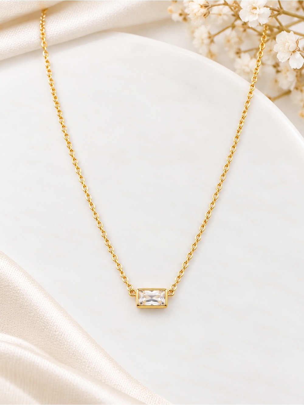 Gold Baguette Crystal Pendant Necklace - Women Jewelry